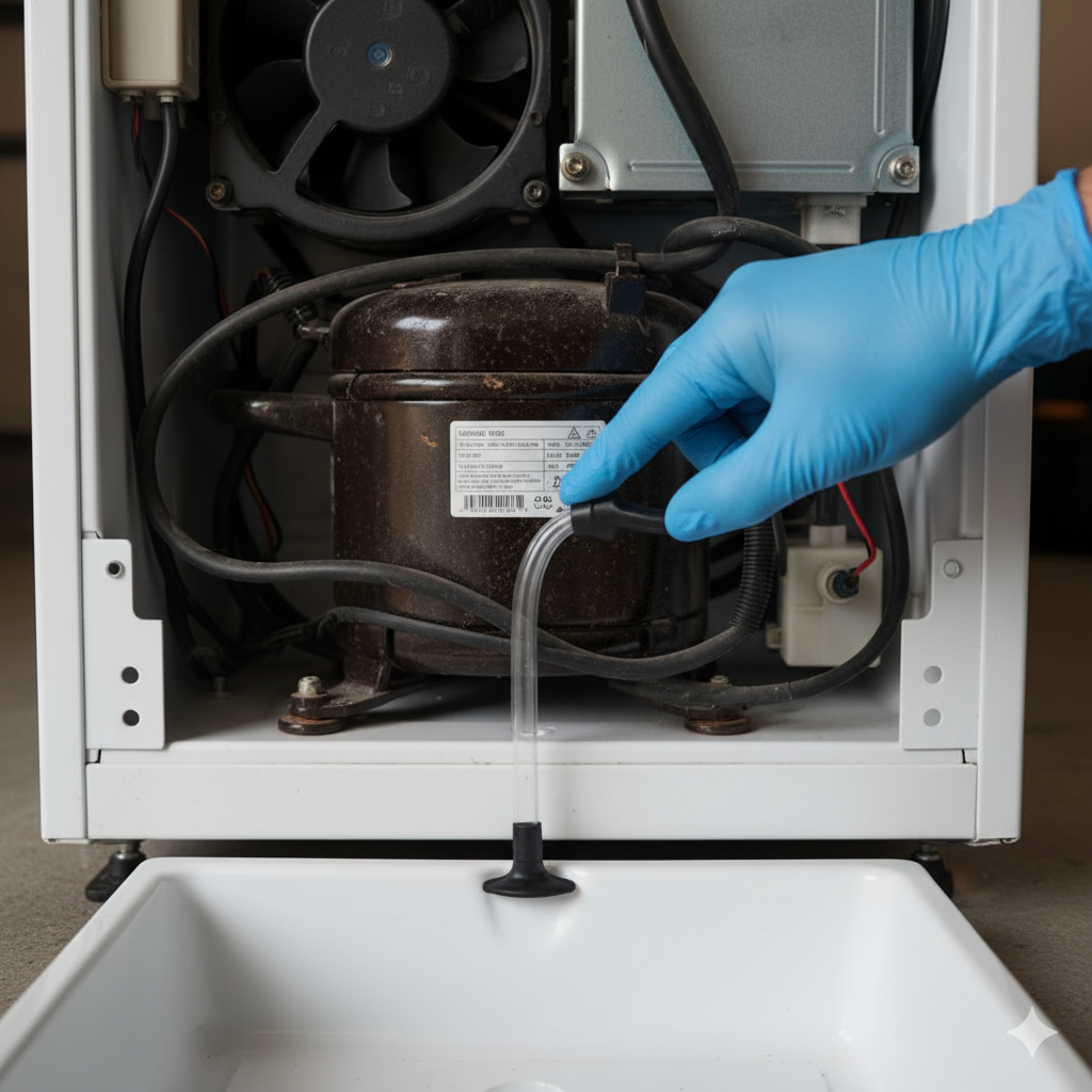 Gloved hand squeezing the rubber duckbill valve at the end of the defrost drain tube near the refrigerator's drain pan to clear built-up debris and sludge.