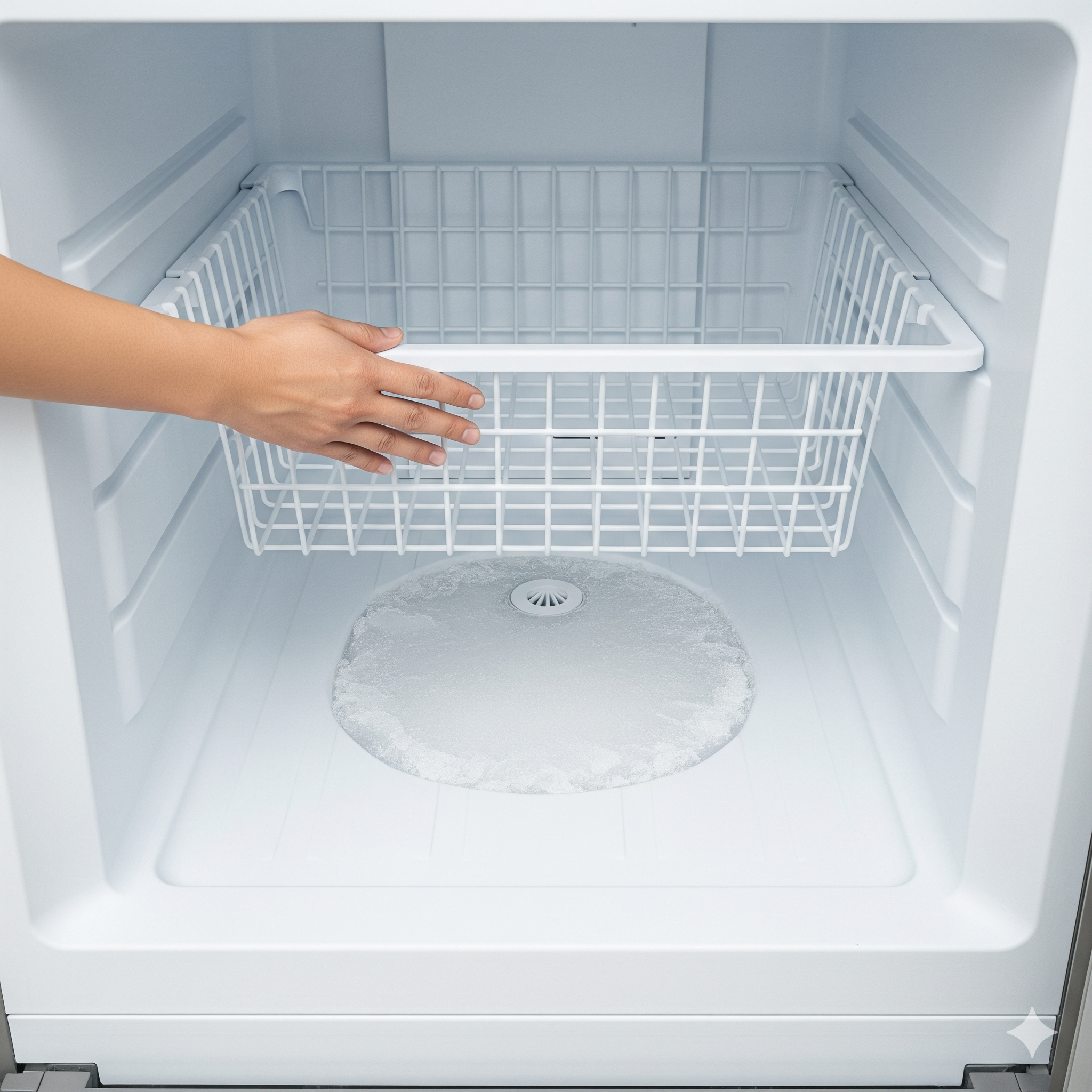 Sheet of ice forming on the floor of the freezer compartment, which is a key symptom of a clogged defrost drain tube.