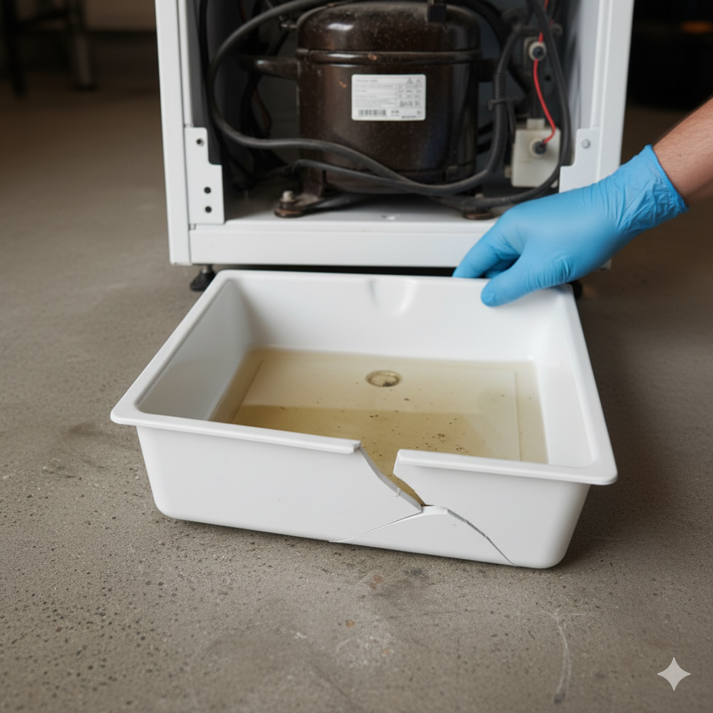 Technician inspecting a cracked or warped plastic drain pan removed from beneath the refrigerator, showing damage that causes leaks.