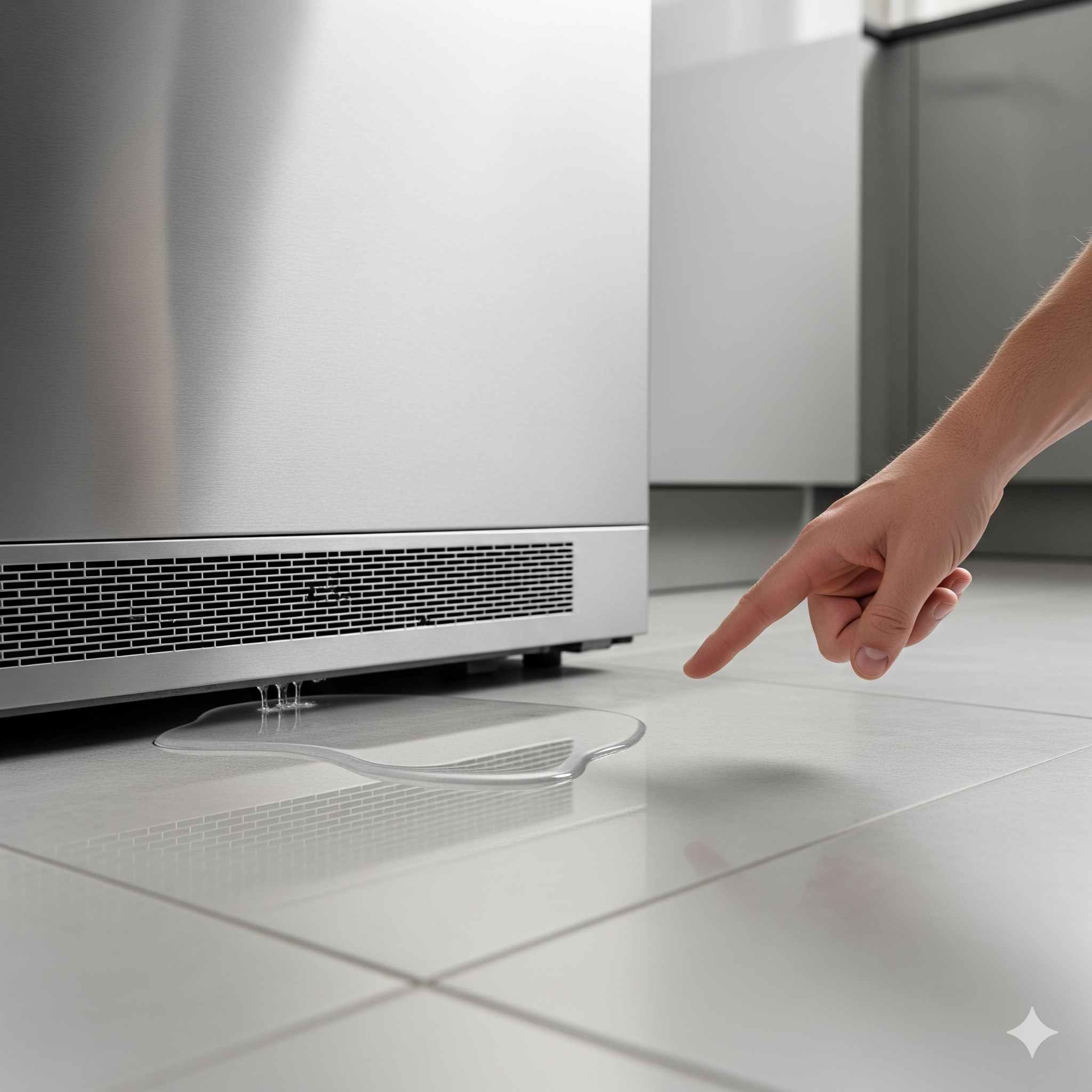 Small puddle of water on a kitchen floor directly beneath a refrigerator, signaling a common internal leak.